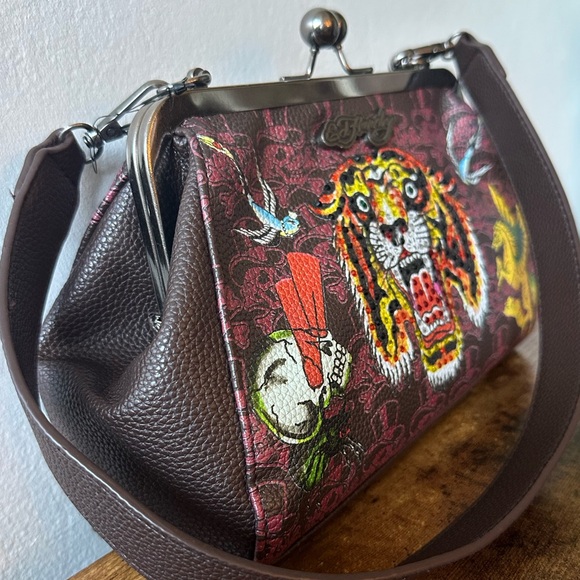 Ed Hardy Bag with Rhinestone Tiger, Skull & Bird Design Kiss Lock Purse NWT - Picture 3 of 8